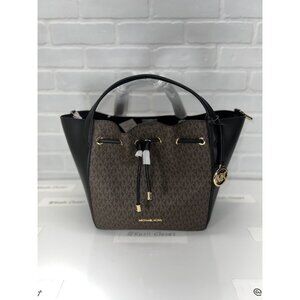 Michael Kors bucket phoebe tote bag large two tone MK signature Brown Black